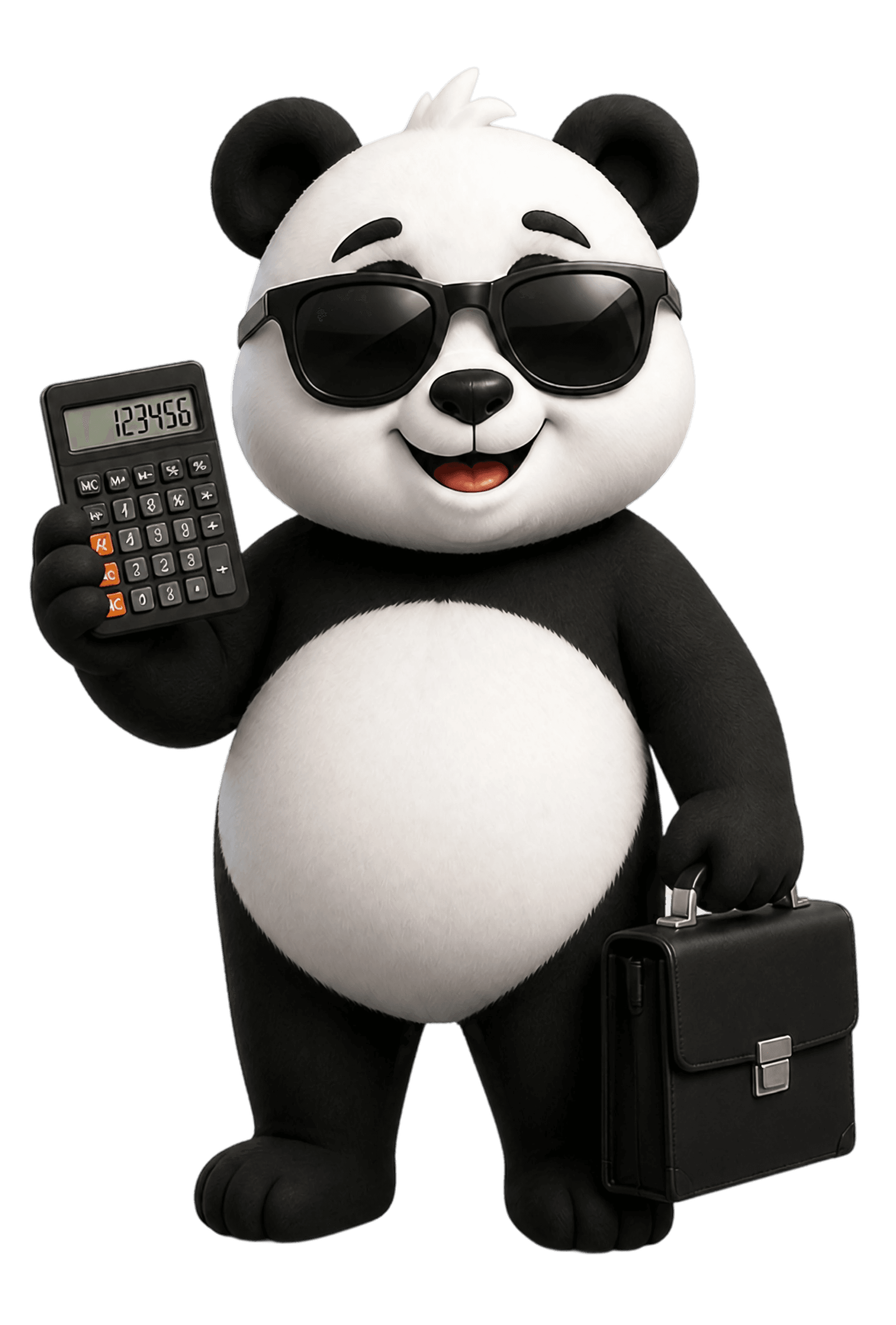 Panda in sunglasses holding a calculator and briefcase