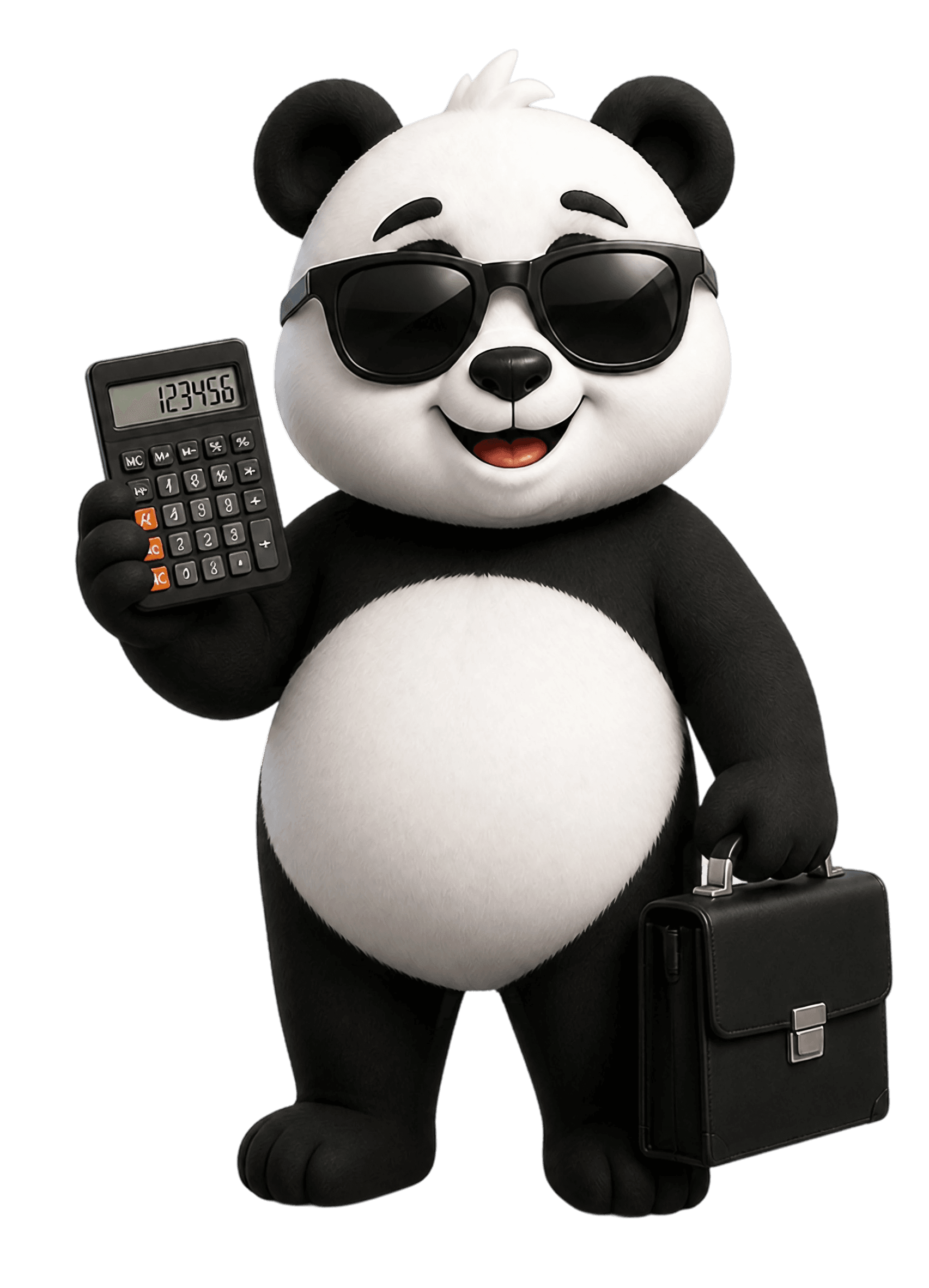 UnitPanda mascot in sunglasses, holding a calculator and briefcase